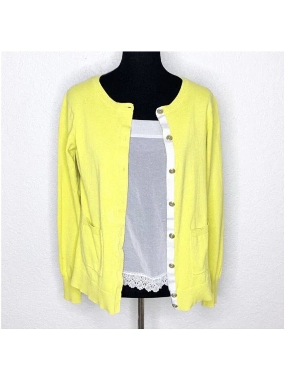 CAbi Womens Cardigan Size Small Yellow Gray White Lace Sheer Colorblock Button